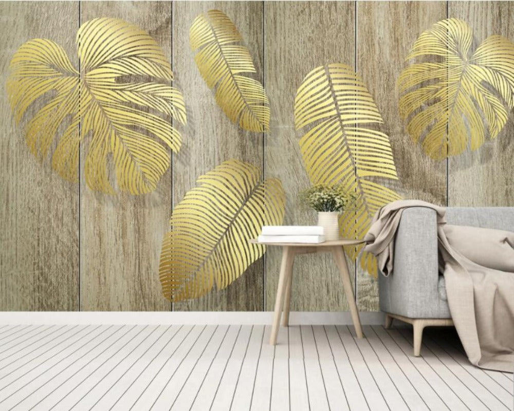 3D Wallpaper Wood Golden Leaves